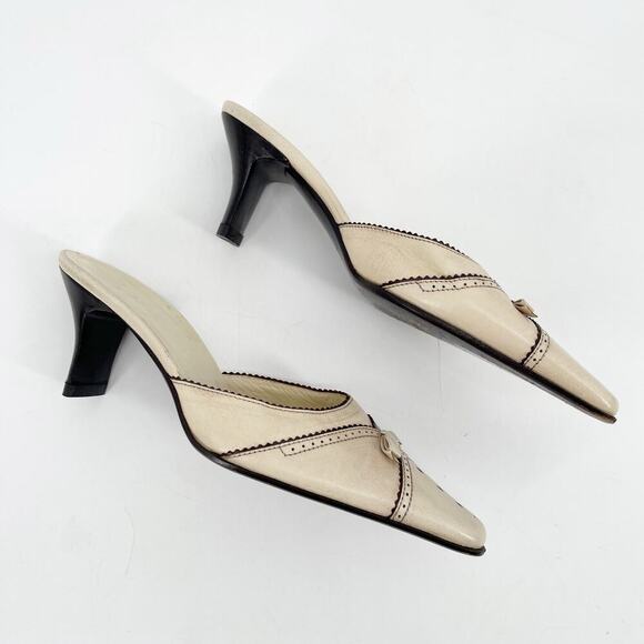 Vintage Prada Beige Neutral Leather Bow Pointed Toe Slide Mules Heels IT 36 - Picture 3 of 12